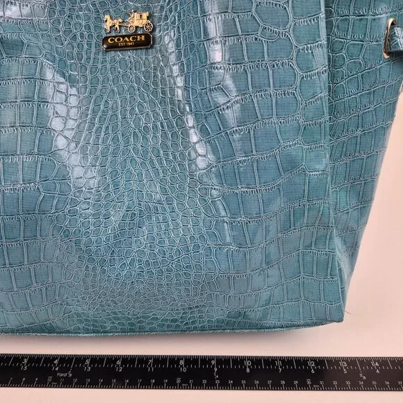 Coach Croc Embossed Leather Tote Teal Blue Shoulder Bag New Style 5659